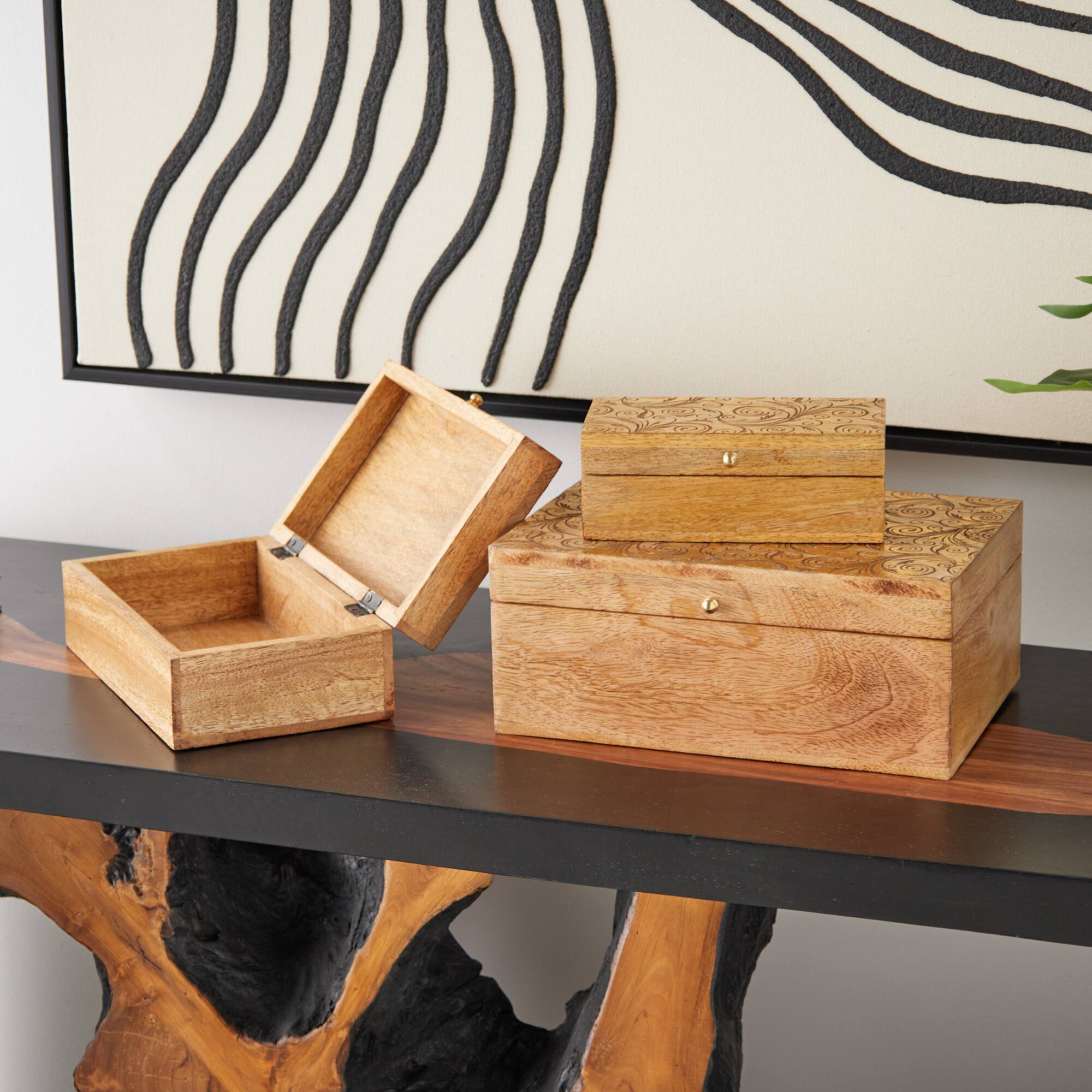 Brown & Gold Mango Wood Scroll Storage Box Set
